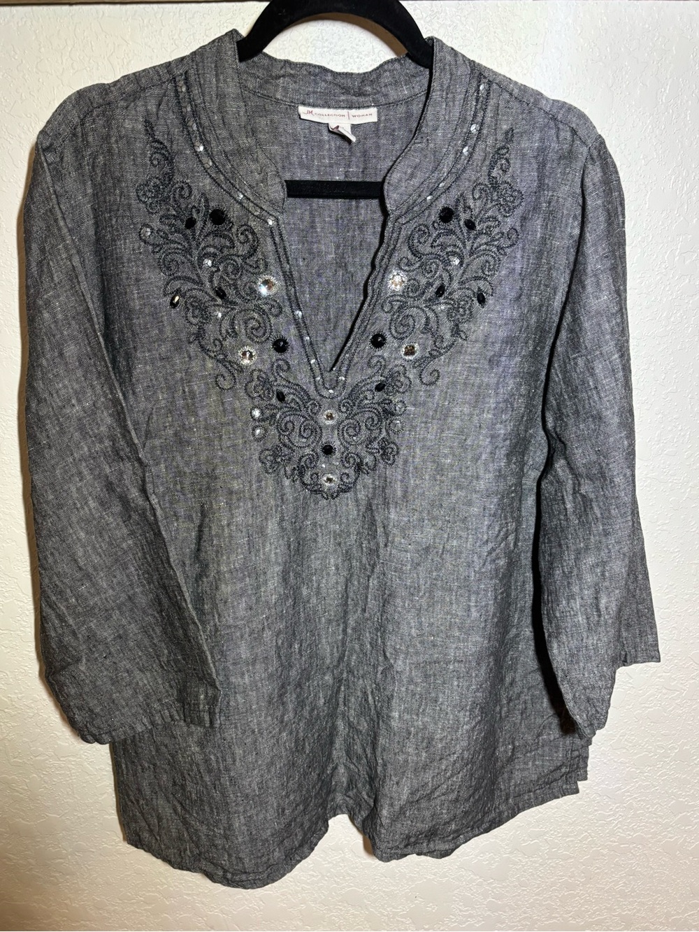 JM Collection Embroidered Linen V-Neck Tunic - Charcoal, size 18W